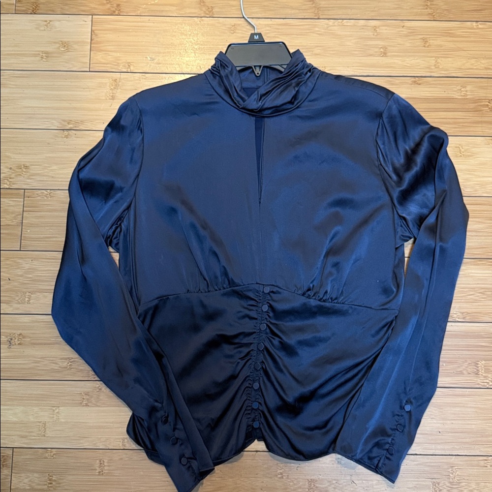 Frame Denim Navy Satin Mock-Neck Ruched Front Blouse